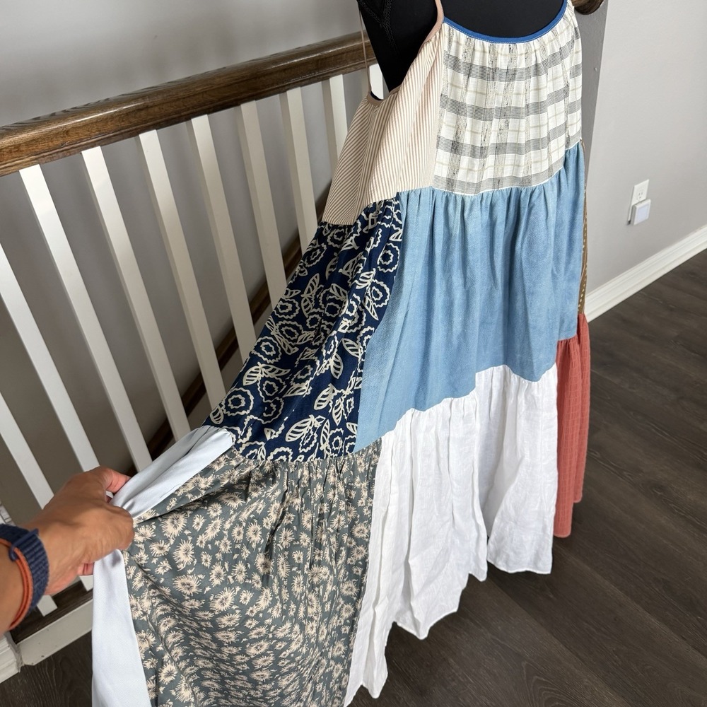 LA Reunion Patchwork Tiered Maxi Dress Neutral Boho Size 1 Small Cottage Romance - Picture 2 of 10